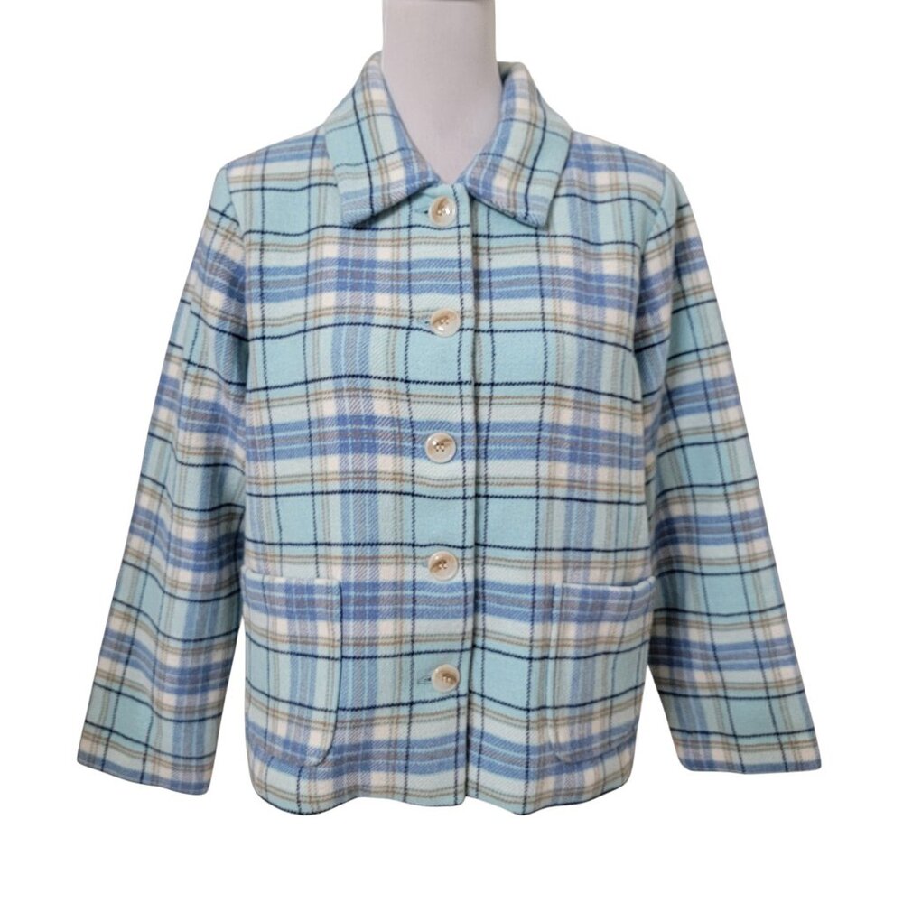 Appleseeds Size PM Light Blue, Aqua, White and Tan Plaid Button Front Shacket